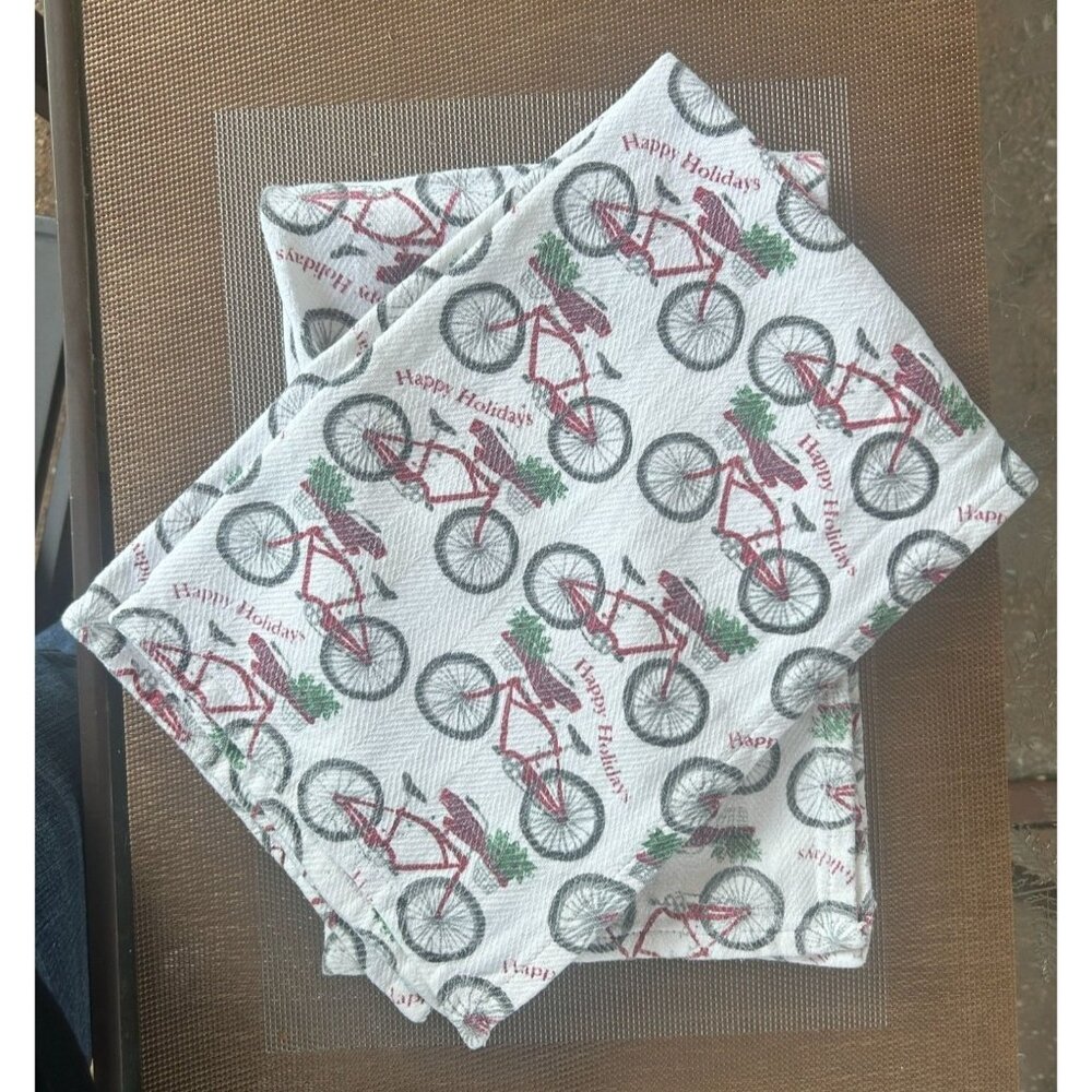 Cynthia Rowley Cotton Dish Tea Towels Winter Bicycle Print Holiday Kitchen Towel